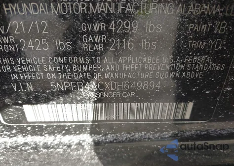 2013 Hyundai Sonata Gls from USA, damaged, VIN 5NPEB4ACXDH649894